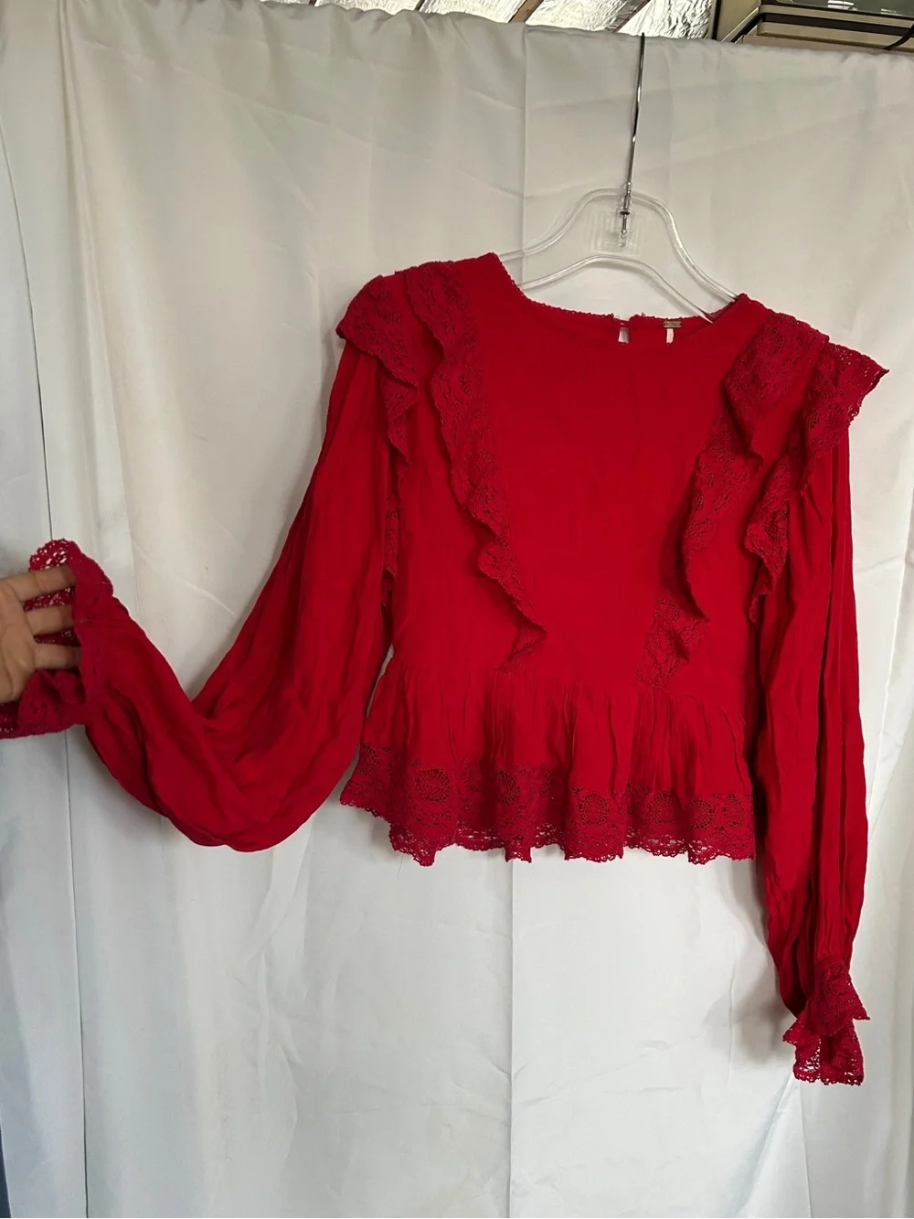 Free People Red Lace Trim Ruffle Blouse